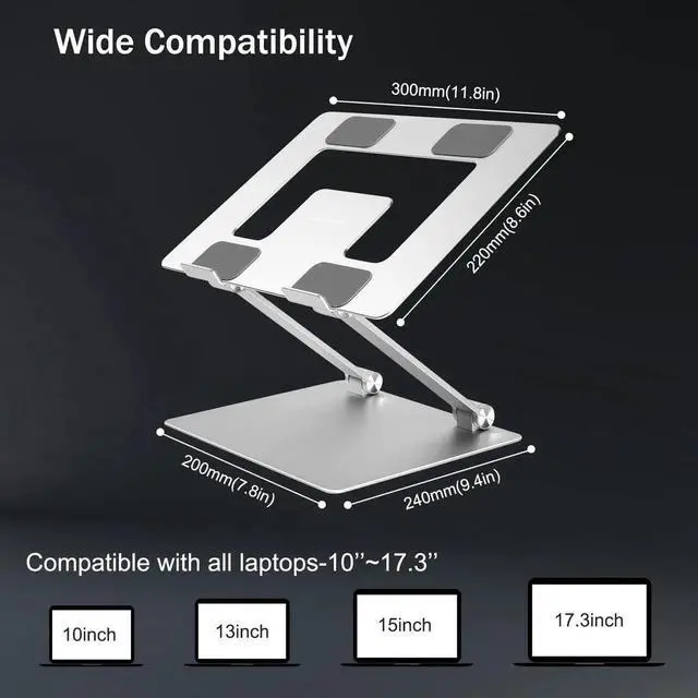 Alt view image 2 of 7 - Adjustable Laptop Stand, Portable Laptop Riser, Aluminum Laptop Stand for Desk Foldable, Ergonomic Computer Notebook Stand with Heat-Vent, Rubber Protective for MacBook Pro/Air 10-17.3 Laptops-Silver