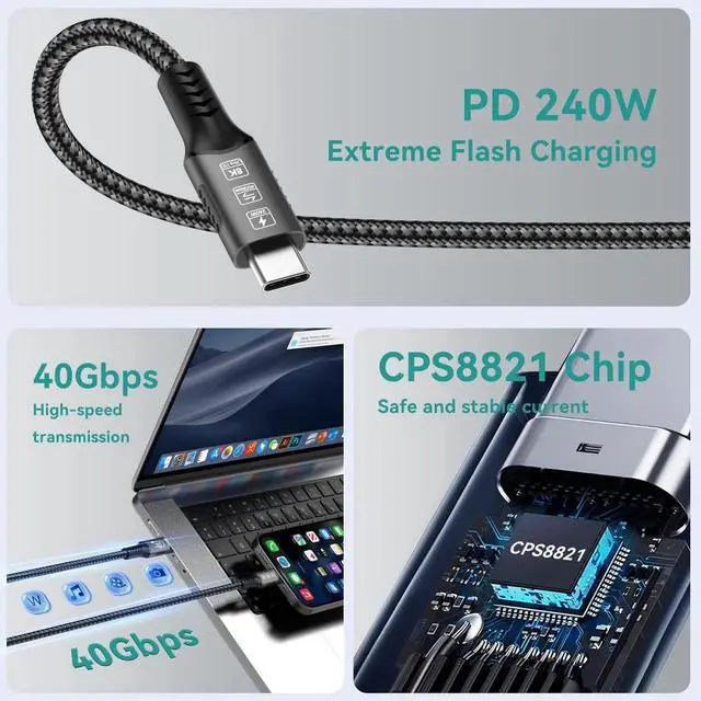 Alt view image 2 of 7 - WISDUM  USB C Cable(6 FT, 240W), USB 4 Data Cable, 40Gbps, 8K HD Display, Thunderbolt 4/3 Compatible, for iPhone 16, MacBook, Hub, Docking and More