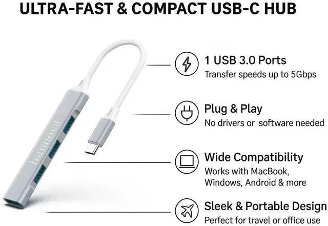 Alt view image 2 of 6 - WISDUM  USB-C to 4-Port USB Hub Adapter 1 USB 3.0 + 3 USB 2.0 Ports, Portable 5Gbps Slim Type-C Splitter for MacBook Pro/Air, Chromebook, Windows Laptops(Gray)