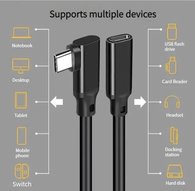 Alt view image 2 of 6 - WISDUM USB C Extender Cable Right Angle 5A PD 100W Type C Male to Female Extension Cord,USB 3.1 Gen 2 10gbps Compatible with PSVR2,USB C Hub,Switch,MacBook Pro/Air,iPad Pro 0.75 ft.