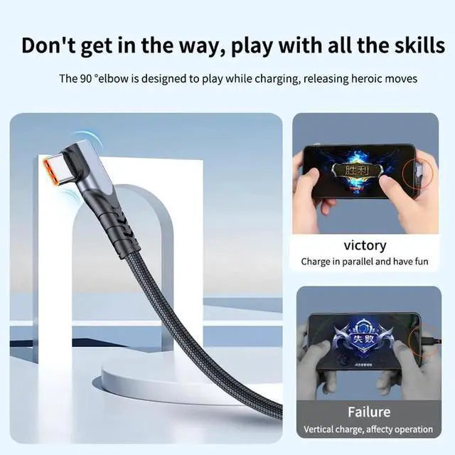 Alt view image 3 of 6 - WISDUM USB C Cable 90 Degree Braided 66W 6A Fast Charging Cord for iPhone 15/Galaxy S10/Pixel 7 and More 6.6 Feet Black