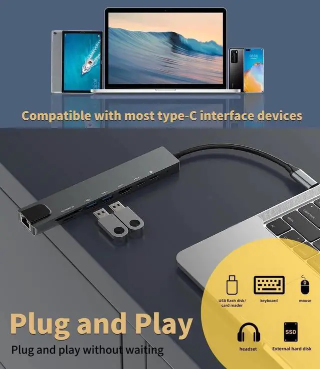 Alt view image 5 of 7 - WISDUM 8 in1 USB C Hub to Adapter RJ45 100mbps Laptop Docking Station Splitter, for Multiport Adapter for Dell HP MacBook pro iPhone15 Pro Max iPad Pro Air SD TF RJ45 USB Extender Hub PD