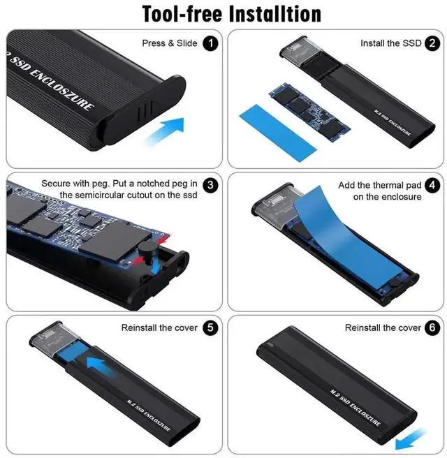 Alt view image 6 of 7 - WISDUM M.2 NVME SATA SSD Enclosure Adapter, 10Gbps Aluminum USB 3.1 Gen 2 Type C External Enclosure for M.2 NVMe PCIE & SATA M-Key / B+M Connectors SSDs of Sizes 2230 2242 2260 2280d