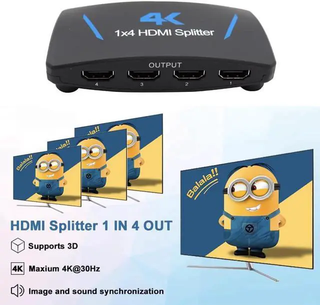 Alt view image 6 of 7 - WISDUM 4K HDMI Splitter 1 in 4 Out,1x4 HDMI Splitter Duplicate/ Mirror Screen, 4 Port HDMI Splitter Powered Support 4Kx2K@30Hz 3D for PS5, Roku, TV Box - 1 Source to 4 Displays