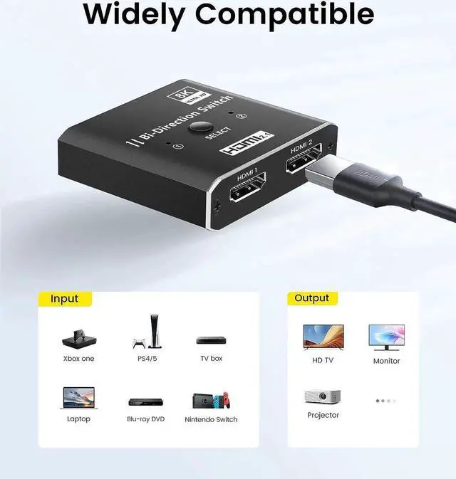 Alt view image 6 of 7 - WISDUM HDMI Switch 4K 120Hz, 8K HDMI 2.1 Switch Splitter 2 in 1 Out/1 in 2 Out, Aluminum Alloy Bi-Directional Switcher Support Ultra HD 8K@60Hz 4K@144Hz High Speed 48Gbps for PS4, PS5, Xbox Series X
