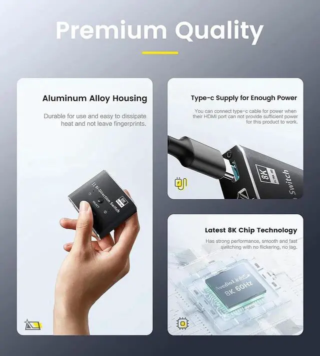 Alt view image 7 of 7 - WISDUM HDMI Switch 4K 120Hz, 8K HDMI 2.1 Switch Splitter 2 in 1 Out/1 in 2 Out, Aluminum Alloy Bi-Directional Switcher Support Ultra HD 8K@60Hz 4K@144Hz High Speed 48Gbps for PS4, PS5, Xbox Series X