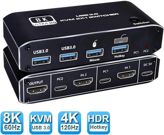 Main image of 2023 Best HDMI 2.1 KVM Switch 4K 120Hz HDMI USB KVM Switch Dual Port USB HDMI 2.1 Switcher 2X1 4K 60Hz 8K 60Hz 2 PC 1 Monitor