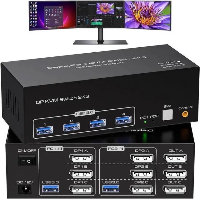 Main image of 8K KVM Switch 3 Monitors 2 Computers Displayport 4K@120Hz USB 3.0 KVM Switches DP 1.4 Monitor Switch for 2 Computers with 4 USB Ports Support Extended & Copy Mode, With 12V DC Adapter and 2 USB cables