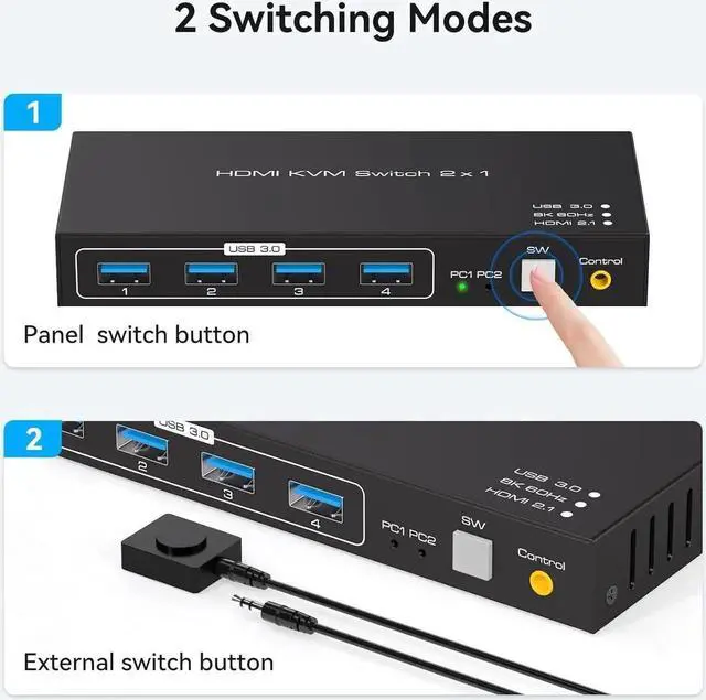 Alt view image 5 of 7 - 2 Port HDMI KVM Switch Support 8K60Hz 4K120Hz, USB 3.0 HDMI2.1 KVM Switch for 2 Computers Share 1 Monitor with 4 Port USB 3.0 Hub Includes Desktop Control and 2xUSB Cables