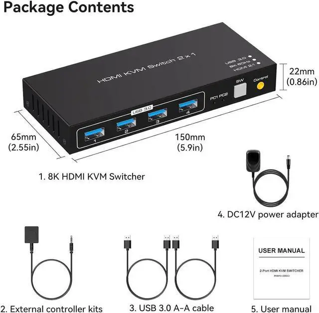 Alt view image 7 of 7 - 2 Port HDMI KVM Switch Support 8K60Hz 4K120Hz, USB 3.0 HDMI2.1 KVM Switch for 2 Computers Share 1 Monitor with 4 Port USB 3.0 Hub Includes Desktop Control and 2xUSB Cables