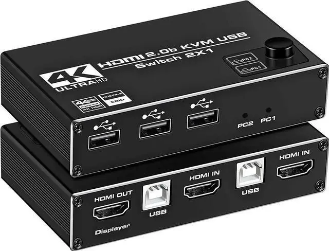 Main image of HDMI KVM Switch, 4K@60Hz USB Switch 2x1 HDMI2.0 Ports + 3X USB KVM Ports, Share 2 Computers to one Monitor, Support Wireless Keyboard and Mouse, USB Disk, Printer, USB Camera (Included 2 USB Cable)