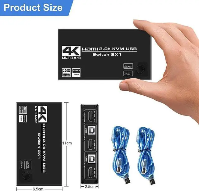 Alt view image 7 of 7 - HDMI KVM Switch, 4K@60Hz USB Switch 2x1 HDMI2.0 Ports + 3X USB KVM Ports, Share 2 Computers to one Monitor, Support Wireless Keyboard and Mouse, USB Disk, Printer, USB Camera (Included 2 USB Cable)