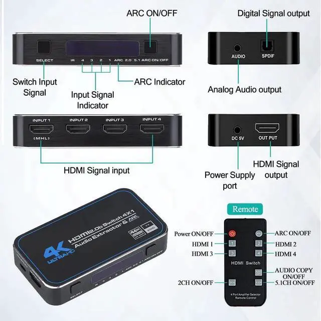 Alt view image 2 of 7 - WISDUM HDMI Switch 4x1 with Audio Extractor, 4K@60Hz Ultra HD HDMI Switcher with Optical TOSLINK SPDIF, 3.5mm Audio Support ARC Function, 3D, 1080P @120Hz, 4Kx2k @60Hz HDTV (IR Remote Control)