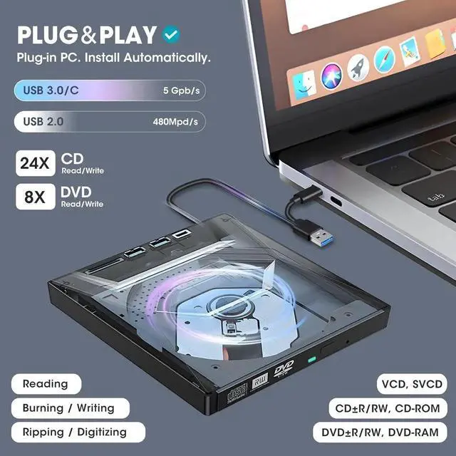 Alt view image 3 of 7 - WISDUM External CD DVD Drive USB 3.0&USB-C CD ROM Burner DVD Player with USB Hub and SD Card Reader, Portable CD DVD +/-RW Optical Disk Drive Writer for Laptop PC Windows 11/10, Mac, Linux Computer