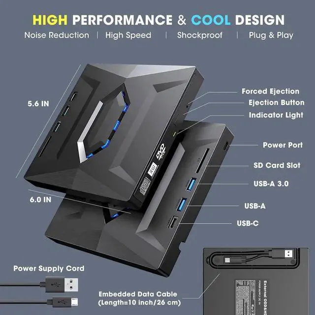 Alt view image 6 of 7 - WISDUM External CD DVD Drive USB 3.0&USB-C CD ROM Burner DVD Player with USB Hub and SD Card Reader, Portable CD DVD +/-RW Optical Disk Drive Writer for Laptop PC Windows 11/10, Mac, Linux Computer