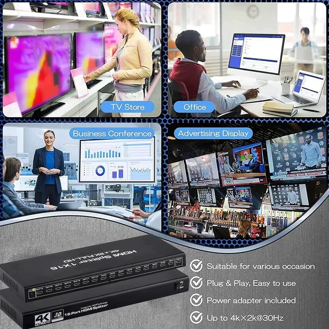 Alt view image 7 of 7 - WISDUMHDMI Splitter 1 in 16 Out 16 Port 1x16 Full HD 1080P HDMI 1.4 Splitter with Switcher Converter Support 4KX2K 3D Digital Audio Format-Black(16 Port HDMI Splitter 4K)