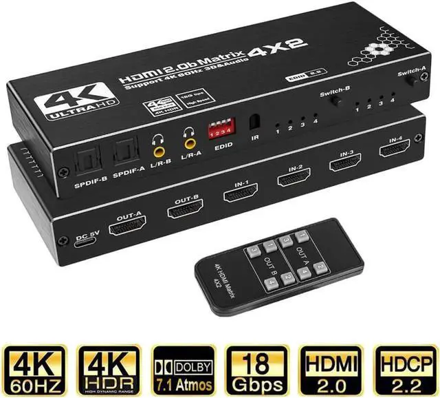Main image of WISDUM HDMI Matrix 4x2,4K@60Hz HDMI Matrix Switch 4 in 2 Out with EDID Extractor and IR Remote Control, Support HDMI 2.0b, HDCP2.2, HDR10, Ultra HD, 3D