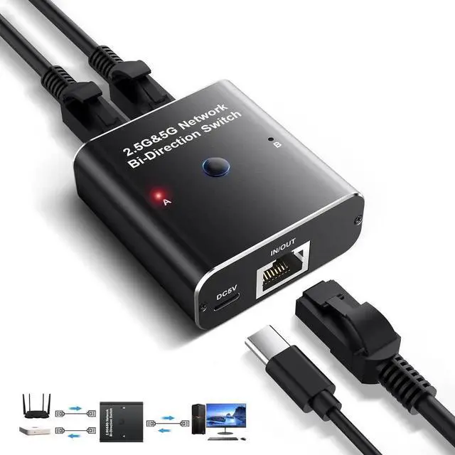 Main image of WISDUM Ethernet Switch, 2 Port Internet and Extranet Bi-Directional Network Switch 2.5/5 Gigabit Ethernet Switch Splitter 1 to 2 1000Mbps High Speed, Office Splitter Adapter for Cat5/5e/6/7/8 Cable