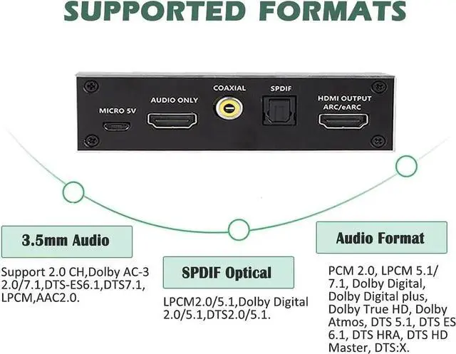 Alt view image 4 of 7 - WISDUM 4K HDMI Audio Extractor Splitter,HDMI to HDMI + Optical Toslink SPDIF + 3.5mm Audio Jack + Coaxial + 7.1Ch HDMI Audio Support ARC and eARC Function