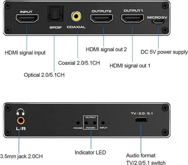 Alt view image 2 of 7 - WISDUM HDMI Splitter Audio Extractor,1 in 2 Out HDMI Splitter with 3.5mm Audio Jack + Coaxial + Optical Toslink SPDIF for Dual Monitors Duplicate/Mirror Only, Support HDMI 2.0 1080P/ 3D/ 4K