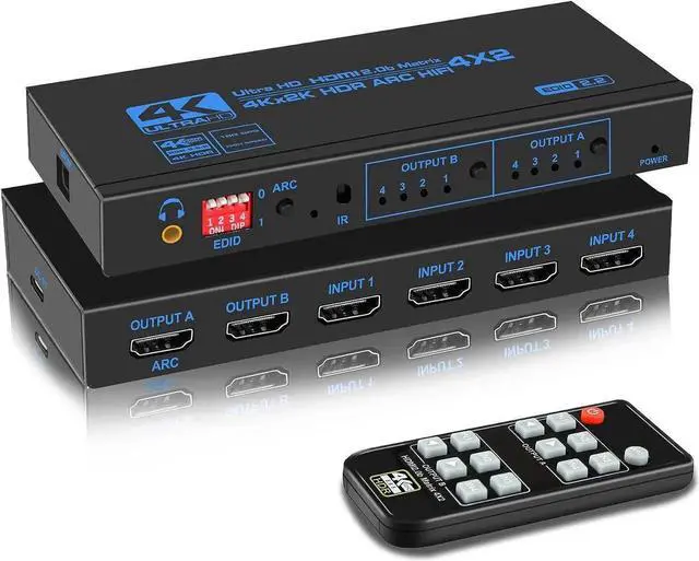 Main image of WISDUM 4K@60Hz HDMI Matrix Switch 4X2 with ARC, 4 in 2 Out Matrix HDMI Video Switcher Splitter + Optical & 3.5mm Stereo Audio, Scaler 4K 1080P Synch, HDMI Audio Extractor with IR Remote Control