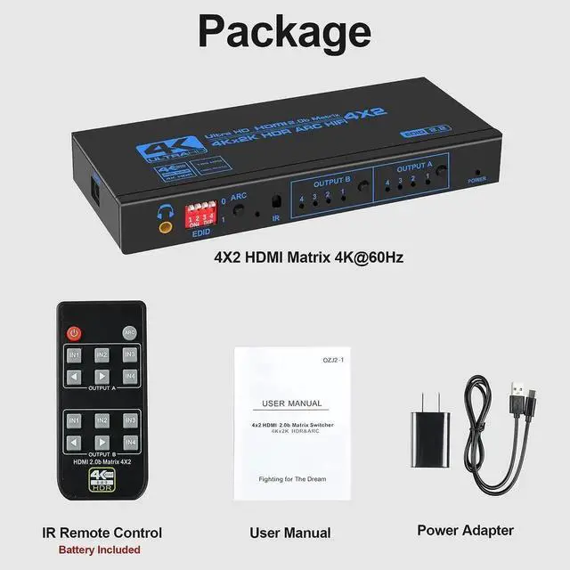 Alt view image 7 of 7 - WISDUM 4K@60Hz HDMI Matrix Switch 4X2 with ARC, 4 in 2 Out Matrix HDMI Video Switcher Splitter + Optical & 3.5mm Stereo Audio, Scaler 4K 1080P Synch, HDMI Audio Extractor with IR Remote Control