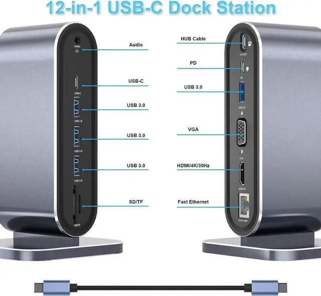 Alt view image 2 of 7 - WISDUM 12 Ports USB C Docking Station - 12-in-1 USB C Hub Dock Laptop Display Docking Station Universal Port with 4K HDMI Monitor,100W PD,Ethernet,VGA,Audio,SD/TF,USB 3.0 Adapter for Mac Computer