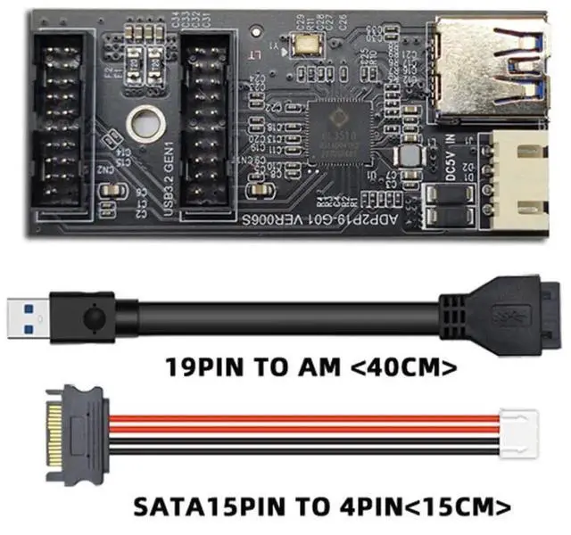 Alt view image 3 of 6 - USB 3.0 19/20Pin 1 to 2 USB 3.0 19/20Pin HUB Port Multiplier PCBA Adapter with SATA Power Cable