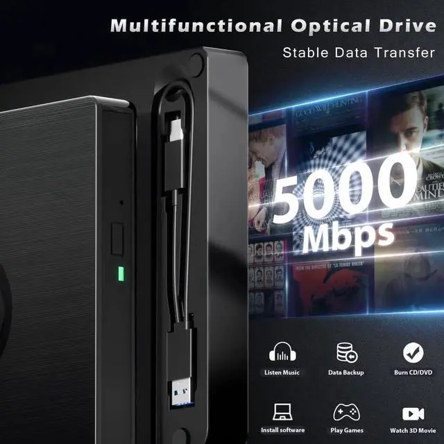 Alt view image 4 of 7 - External Blu Ray Drive, BD Player with Read/Write Capability Portable Blu-ray Player with USB 3.0 and Type-C CD/DVD Burner 3D Blu-ray Drive Compatible with Win10 and Mac OS,Drive Blu Ray Player for PC