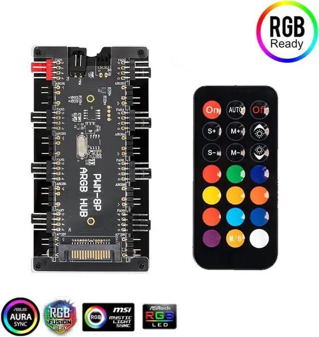 Main image of 2-in-1 PWM & ARGB Controller Hub 8 Ports 12V 4Pin Fan & 5V 3Pin AURA Wireless IR Remote Adapter with PMMA Case and Magnetic Standoff for Cooling Radiator & A.SUS/M.SI LED Strip