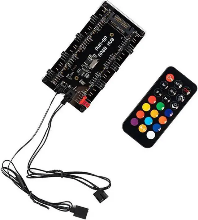 Alt view image 3 of 7 - 2-in-1 PWM & ARGB Controller Hub 8 Ports 12V 4Pin Fan & 5V 3Pin AURA Wireless IR Remote Adapter with PMMA Case and Magnetic Standoff for Cooling Radiator & A.SUS/M.SI LED Strip