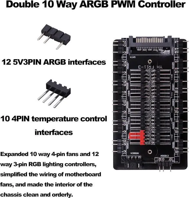 Alt view image 3 of 6 - 5V 3Pin ARGB Fan Hub & 4 Pin PWM Splitter 2 in 1 Case Fan Hub 10 Way Sync CPU Cooling Fan RGB Lighting Controller SATA Powered for Extended Motherboard Interface