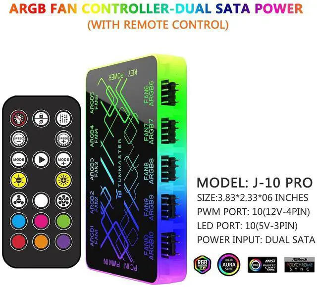 Alt view image 6 of 6 - ARGB Fan HUB, 9/10 Port 4 Pin PC Fan Controller, 5V-3Pin LED Hub, Magnetic Suction, SATA Power Input,RF Remote & Chassis Key Control,Controller Support ARGB PWM Fans Splitter