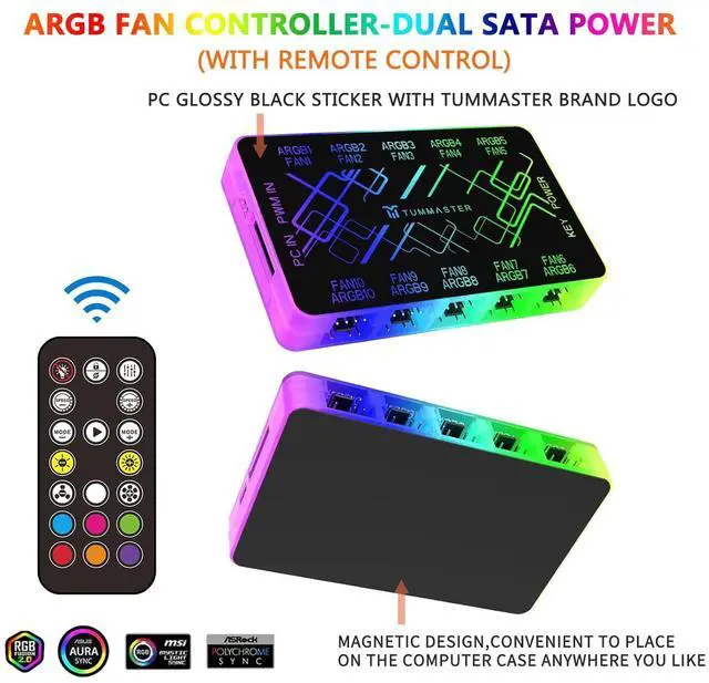 Main image of ARGB Fan HUB, 9/10 Port 4 Pin PC Fan Controller, 5V-3Pin LED Hub, Magnetic Suction, SATA Power Input,RF Remote & Chassis Key Control,Controller Support ARGB PWM Fans Splitter