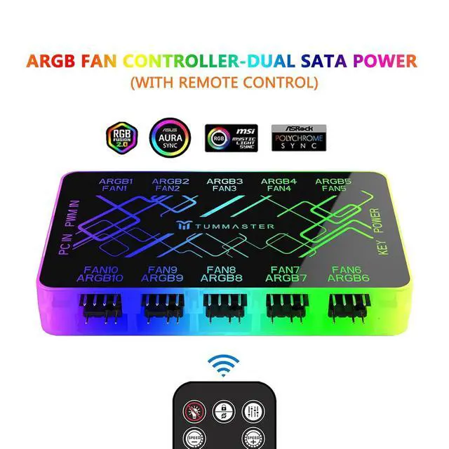 Alt view image 4 of 6 - ARGB Fan HUB, 9/10 Port 4 Pin PC Fan Controller, 5V-3Pin LED Hub, Magnetic Suction, SATA Power Input,RF Remote & Chassis Key Control,Controller Support ARGB PWM Fans Splitter