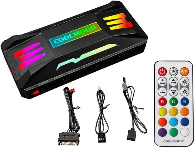 Main image of PC Fan ARGB Controller Integrator, Remote Control Computer ARGB Light Change Adapter, 8 PWM Fan Speed Controller Ports, 10 5V ARGB Ports for Fan/Light Bar,Magnetic Installation (Black