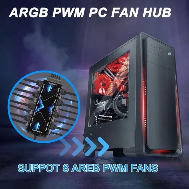 Alt view image 7 of 7 - ARGB PWM Controller Hub 12V 4Pin PWM & 5V 3Pin ARGB with SATA Power 2-in-1 Hub 8 Way PC Case Fan Controller for LEDs, Computer