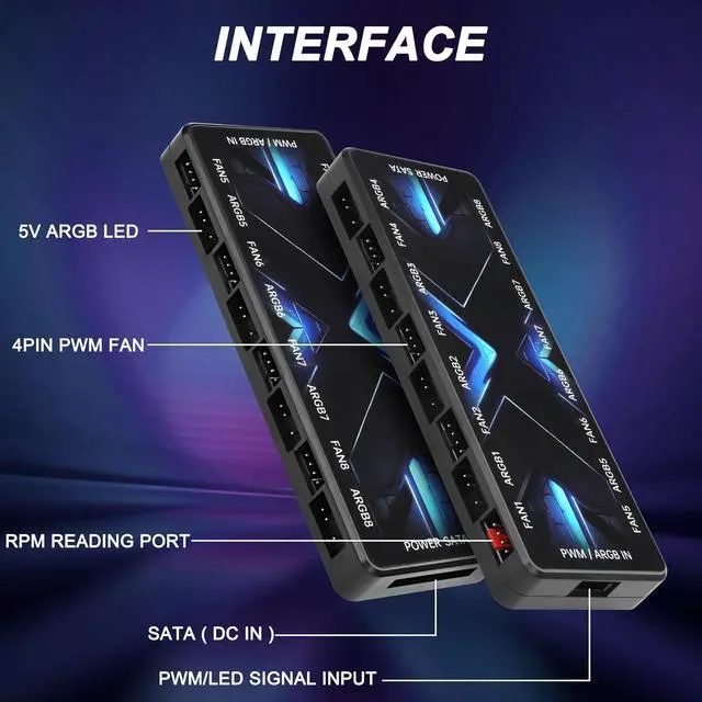 Alt view image 5 of 7 - ARGB PWM Controller Hub 12V 4Pin PWM & 5V 3Pin ARGB with SATA Power 2-in-1 Hub 8 Way PC Case Fan Controller for LEDs, Computer