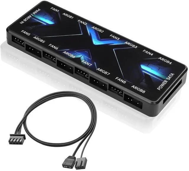Main image of ARGB PWM Controller Hub 12V 4Pin PWM & 5V 3Pin ARGB with SATA Power 2-in-1 Hub 8 Way PC Case Fan Controller for LEDs, Computer