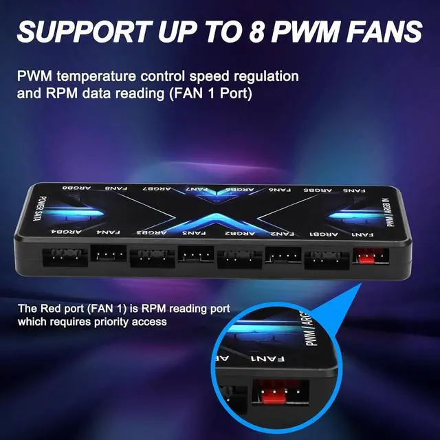 Alt view image 2 of 7 - ARGB PWM Controller Hub 12V 4Pin PWM & 5V 3Pin ARGB with SATA Power 2-in-1 Hub 8 Way PC Case Fan Controller for LEDs, Computer