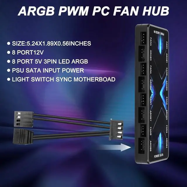 Alt view image 6 of 7 - ARGB PWM Controller Hub 12V 4Pin PWM & 5V 3Pin ARGB with SATA Power 2-in-1 Hub 8 Way PC Case Fan Controller for LEDs, Computer