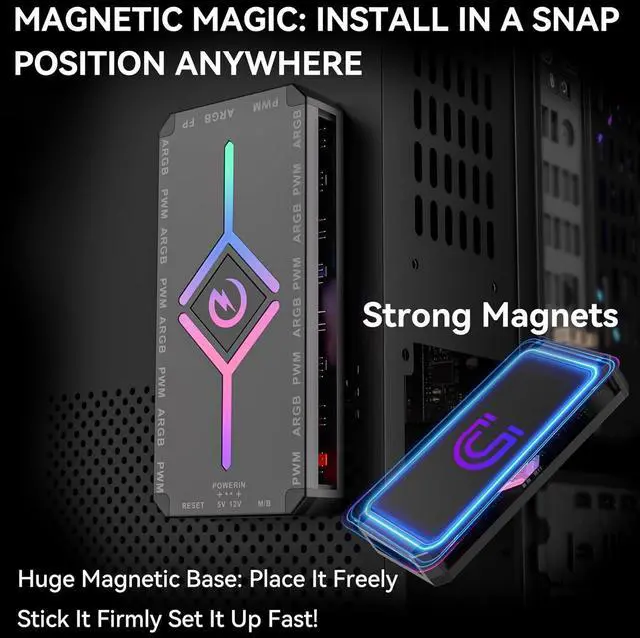 Alt view image 2 of 5 - ARGB & PWM Fan Hub Controller, 9-Port Magnetic PC Fan Hub with RGB Remote Control and SATA Power Input, Integrated RGB Self-Lighting Hub Support 9 PWM Case Fans Splitter & ARGB Lighting Device