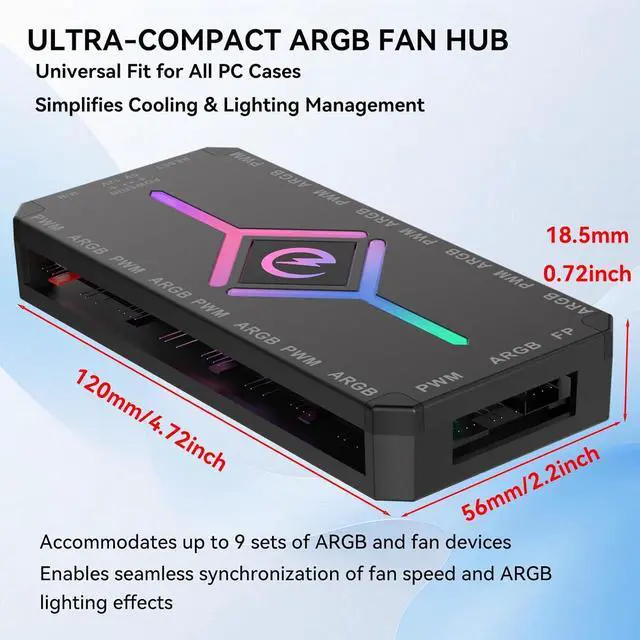 Alt view image 4 of 5 - ARGB & PWM Fan Hub Controller, 9-Port Magnetic PC Fan Hub with RGB Remote Control and SATA Power Input, Integrated RGB Self-Lighting Hub Support 9 PWM Case Fans Splitter & ARGB Lighting Device