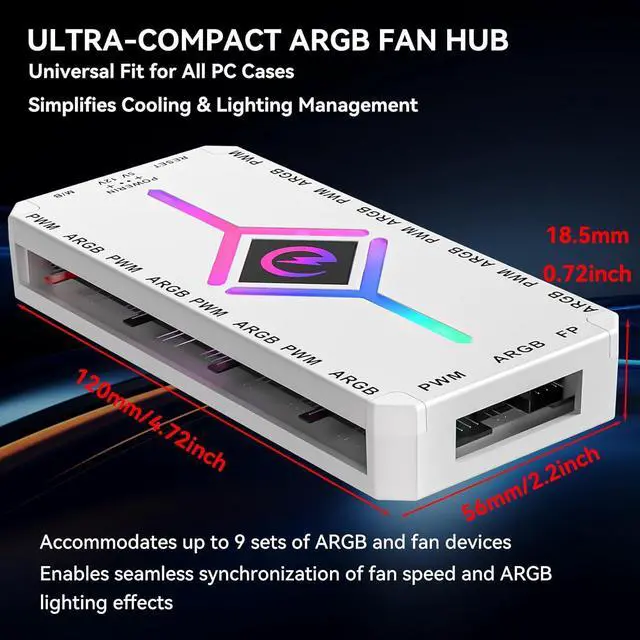 Alt view image 4 of 5 - ARGB & PWM Fan Hub Controller, 9-Port Magnetic PC Fan Hub with RGB Remote Control and SATA Power Input, Integrated RGB Self-Lighting Hub Support 9 PWM Case Fans Splitter & ARGB Lighting Device White