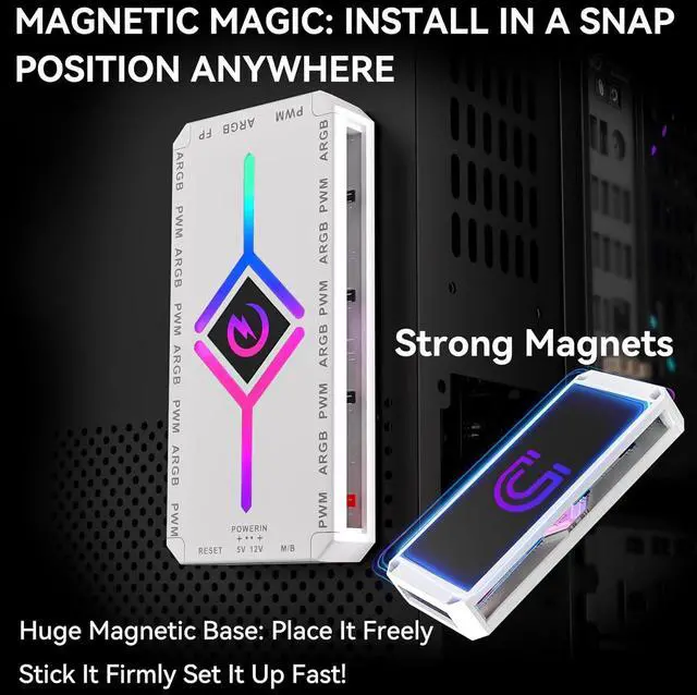 Alt view image 2 of 5 - ARGB & PWM Fan Hub Controller, 9-Port Magnetic PC Fan Hub with RGB Remote Control and SATA Power Input, Integrated RGB Self-Lighting Hub Support 9 PWM Case Fans Splitter & ARGB Lighting Device White