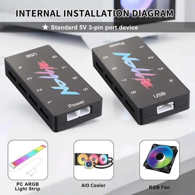 Alt view image 2 of 5 - 5V 3PIN ARGB Controller - SATA Powered ARGB Controller PC Lighting Hub, 8 Way Addressable ARGB Splitter Support SignalRGB OpenRGB