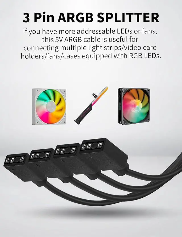 Alt view image 5 of 6 - 5V 3Pin ARGB Splitter Cable 1 Female to 4 Female 3 Pins Extension Connector Cord Wire for PC Case Fan LED Light Strips 30cm Length,53ARGB 1Pcs