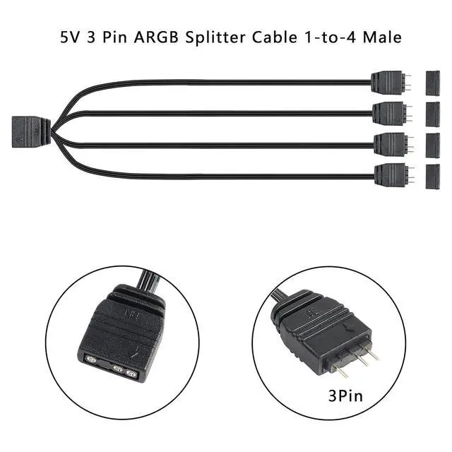 Alt view image 3 of 6 - 5V 3 Pin ARGB Splitter Cable 1-to-4 Male 3 Pin Addressable RGB Splitter Extension Connector for MasterFan/MasterLiquid ARGB Series Support LED Sync Cable with Protective Cap 2 Pack