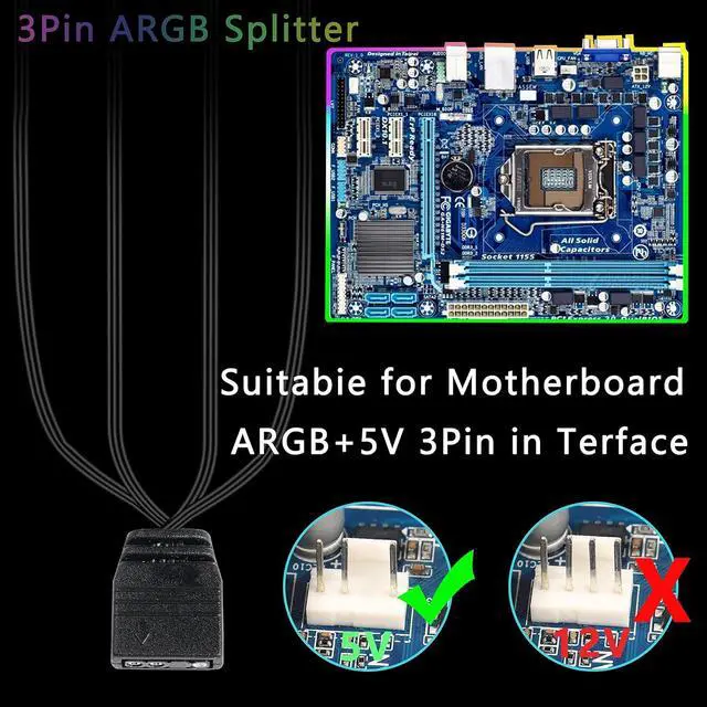 Alt view image 6 of 6 - 5V 3 Pin ARGB Splitter Cable 1-to-4 Male 3 Pin Addressable RGB Splitter Extension Connector for MasterFan/MasterLiquid ARGB Series Support LED Sync Cable with Protective Cap 2 Pack