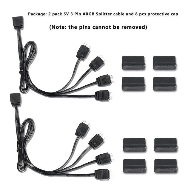 Alt view image 2 of 6 - 5V 3 Pin ARGB Splitter Cable 1-to-4 Male 3 Pin Addressable RGB Splitter Extension Connector for MasterFan/MasterLiquid ARGB Series Support LED Sync Cable with Protective Cap 2 Pack